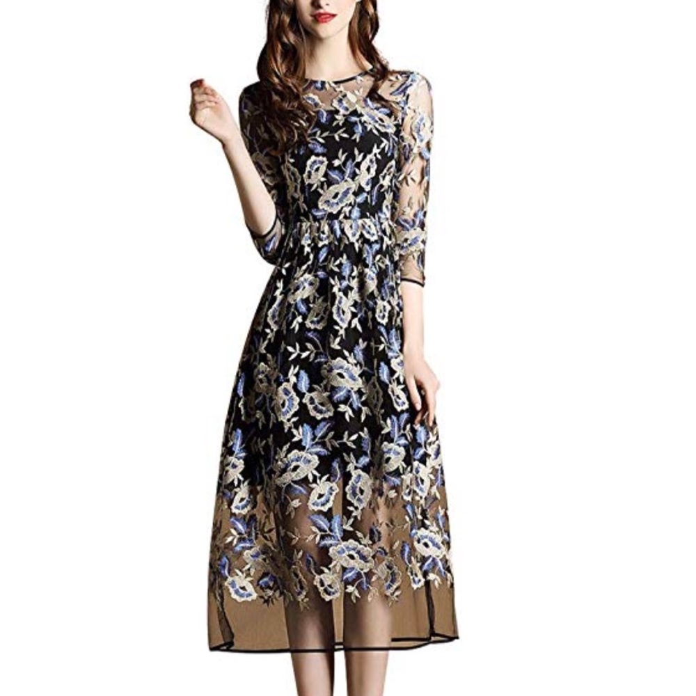 Metisu Sheer Mesh Floral Embroidered Midi Dress